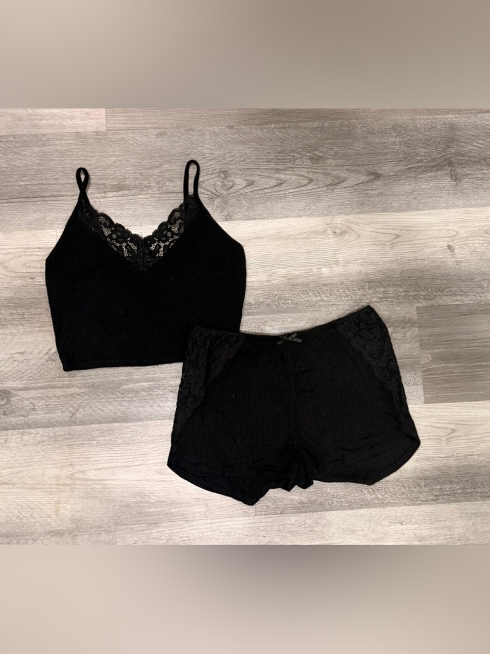 Women's Lace-Trim Black Camisole and Shorts Sleep Set